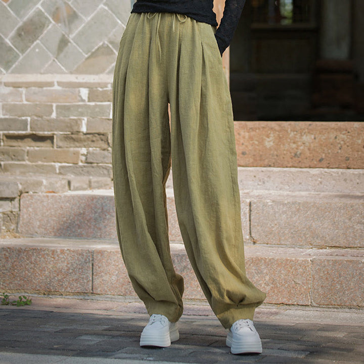 Pantaloni da donna in cotone ramiè con tasche, casual, tinta unita, larghi, con cintura e cravatta in corda Buddha Stones