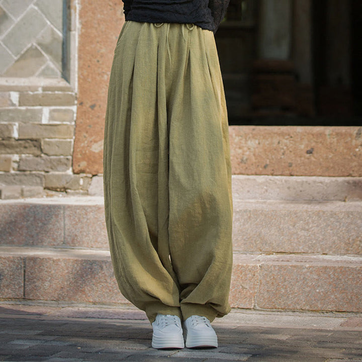 Pantaloni da donna in cotone ramiè con tasche, casual, tinta unita, larghi, con cintura e cravatta in corda Buddha Stones