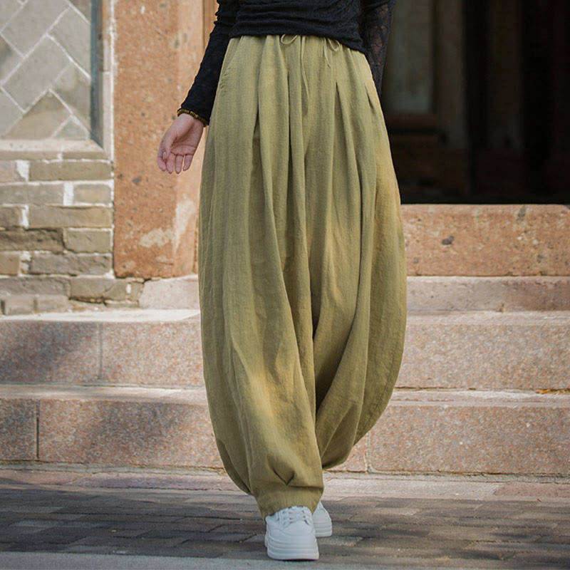 Pantaloni da donna in cotone ramiè con tasche, casual, tinta unita, larghi, con cintura e cravatta in corda Buddha Stones