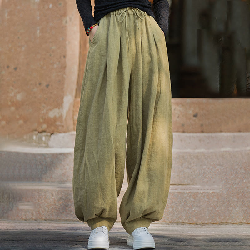 Pantaloni da donna in cotone ramiè con tasche, casual, tinta unita, larghi, con cintura e cravatta in corda Buddha Stones