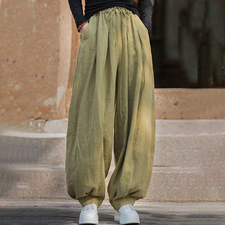 Pantaloni da donna in cotone ramiè con tasche, casual, tinta unita, larghi, con cintura e cravatta in corda Buddha Stones