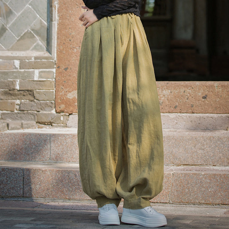 Pantaloni da donna in cotone ramiè con tasche, casual, tinta unita, larghi, con cintura e cravatta in corda Buddha Stones