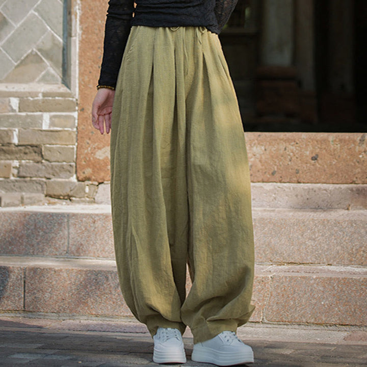 Pantaloni da donna in cotone ramiè con tasche, casual, tinta unita, larghi, con cintura e cravatta in corda Buddha Stones