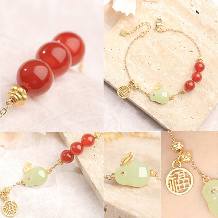 Braccialetto a catena con fibbia portafortuna, carattere Fu, coniglio, giada Hetian , Buddha Stones , agata rossa, perline