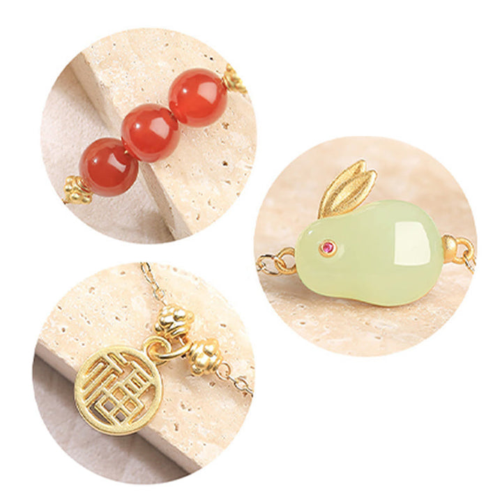 Braccialetto a catena con fibbia portafortuna, carattere Fu, coniglio, giada Hetian , Buddha Stones , agata rossa, perline