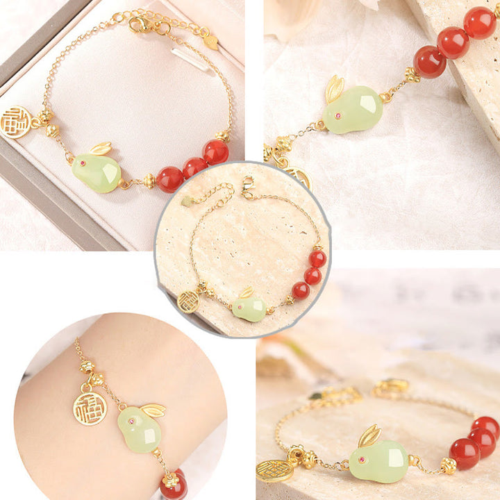 Braccialetto a catena con fibbia portafortuna, carattere Fu, coniglio, giada Hetian , Buddha Stones , agata rossa, perline