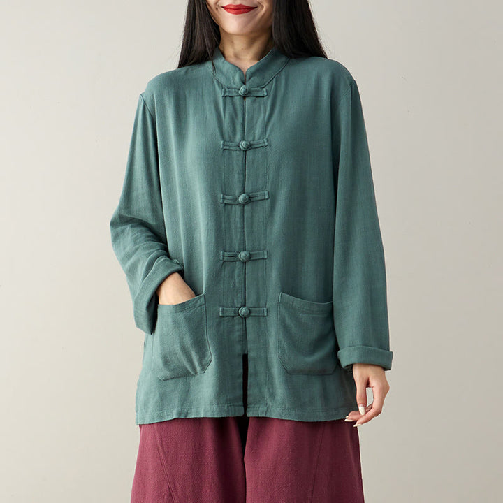 Camicie da donna in cotone e lino a maniche lunghe con bottoni a rana, tinta unita, con tasche, Buddha Stones - image 11