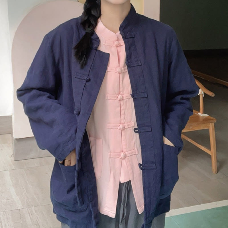 Camicie da donna in cotone e lino a maniche lunghe con bottoni a rana, tinta unita, con tasche, Buddha Stones - image 19