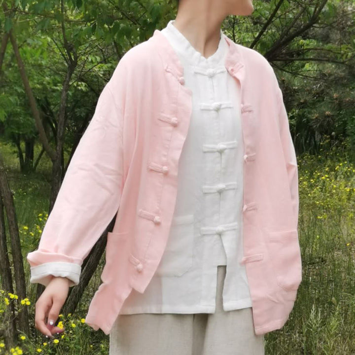 Camicie da donna in cotone e lino a maniche lunghe con bottoni a rana, tinta unita, con tasche, Buddha Stones - Rosa - US8-10, UK/AU12-14, EU40-42 (XL) - image 16