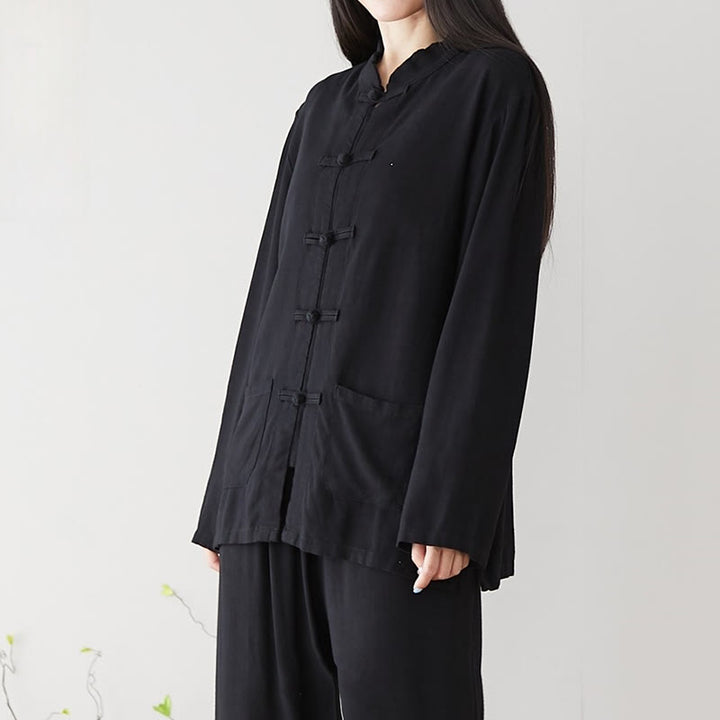 Camicie da donna in cotone e lino a maniche lunghe con bottoni a rana, tinta unita, con tasche, Buddha Stones - Nero - US8-10, UK/AU12-14, EU40-42 (XL) - image 5