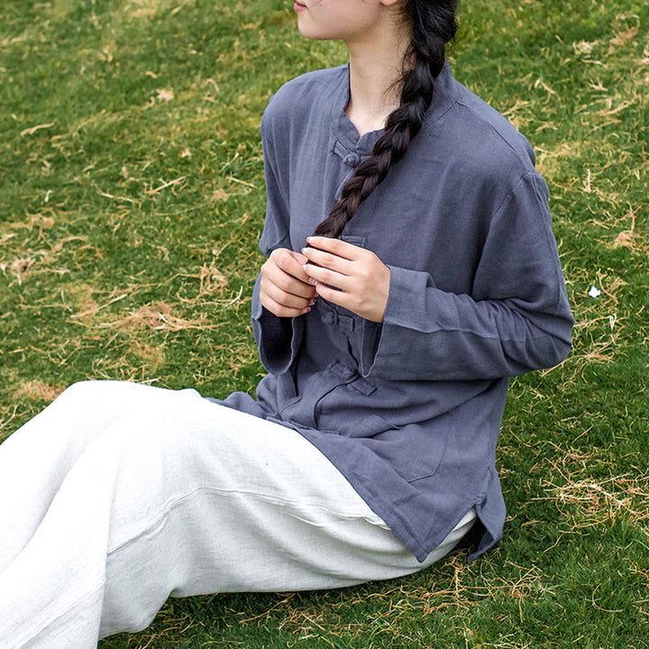 Camicie da donna in cotone e lino a maniche lunghe con bottoni a rana, tinta unita, con tasche, Buddha Stones - image 25