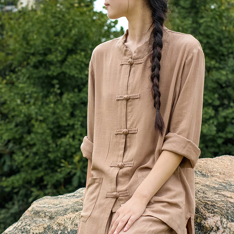 Camicie da donna in cotone e lino a maniche lunghe con bottoni a rana, tinta unita, con tasche, Buddha Stones - image 23
