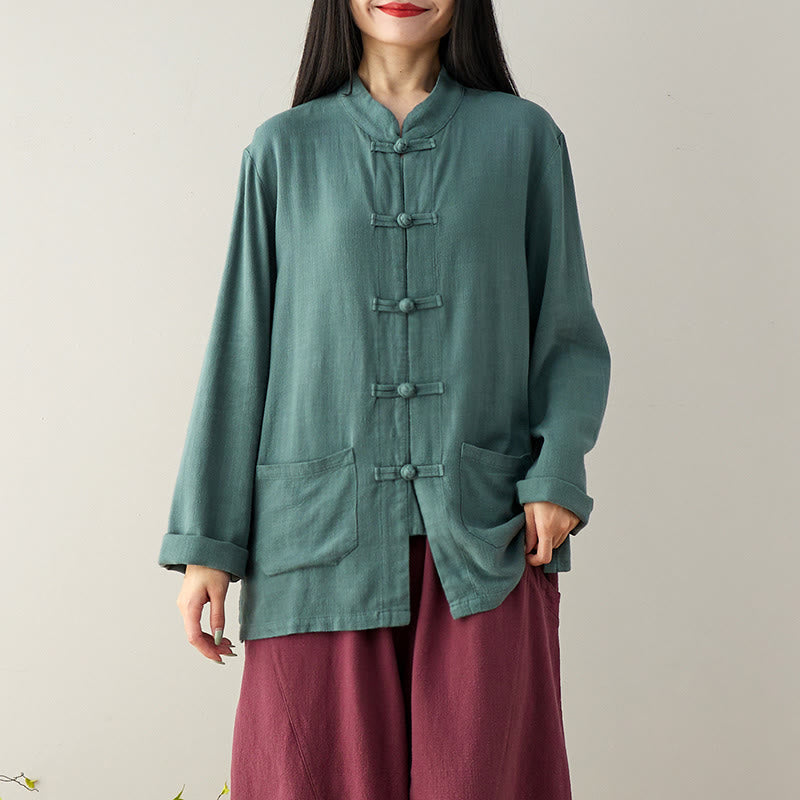 Camicie da donna in cotone e lino a maniche lunghe con bottoni a rana, tinta unita, con tasche, Buddha Stones - CadetBlue - US8-10, UK/AU12-14, EU40-42 (XL) - image 10