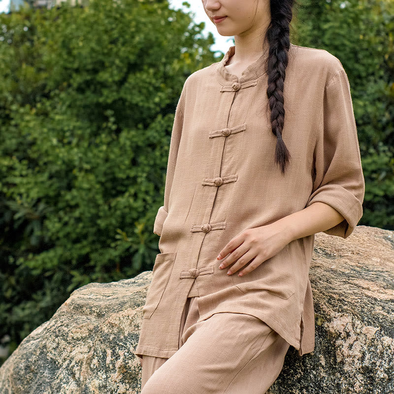 Camicie da donna in cotone e lino a maniche lunghe con bottoni a rana, tinta unita, con tasche, Buddha Stones - image 22