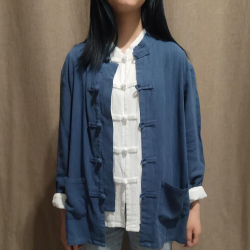 Camicie da donna in cotone e lino a maniche lunghe con bottoni a rana, tinta unita, con tasche, Buddha Stones - DarkSlateBlue - US8-10, UK/AU12-14, EU40-42 (XL) - image 9