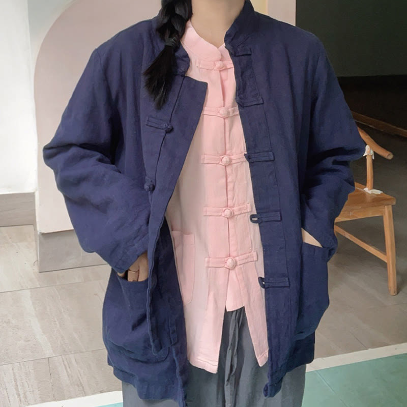Camicie da donna in cotone e lino a maniche lunghe con bottoni a rana, tinta unita, con tasche, Buddha Stones - image 18