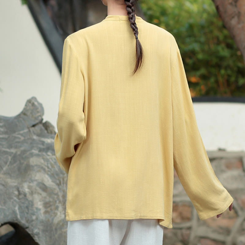 Camicie da donna in cotone e lino a maniche lunghe con bottoni a rana, tinta unita, con tasche, Buddha Stones - image 15
