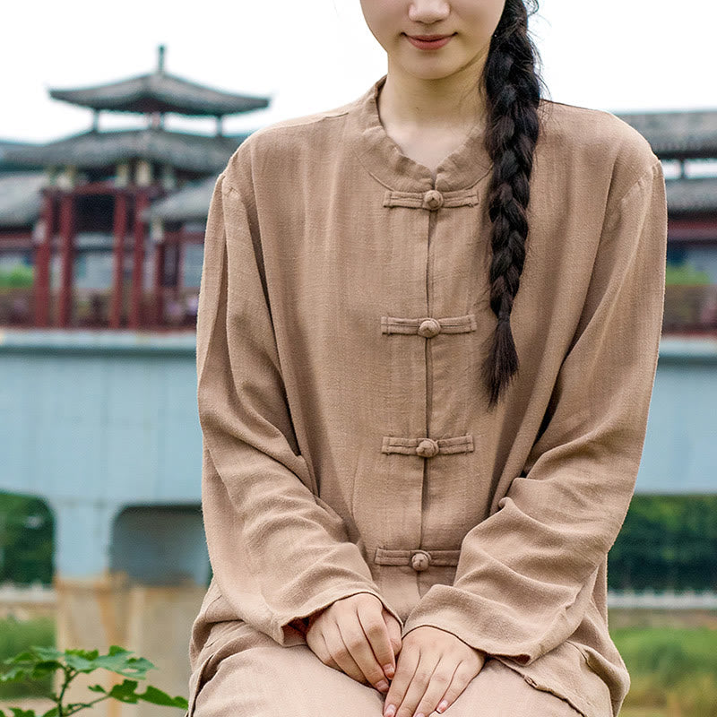 Camicie da donna in cotone e lino a maniche lunghe con bottoni a rana, tinta unita, con tasche, Buddha Stones - image 21