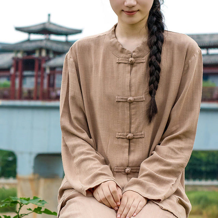 Camicie da donna in cotone e lino a maniche lunghe con bottoni a rana, tinta unita, con tasche, Buddha Stones - image 21