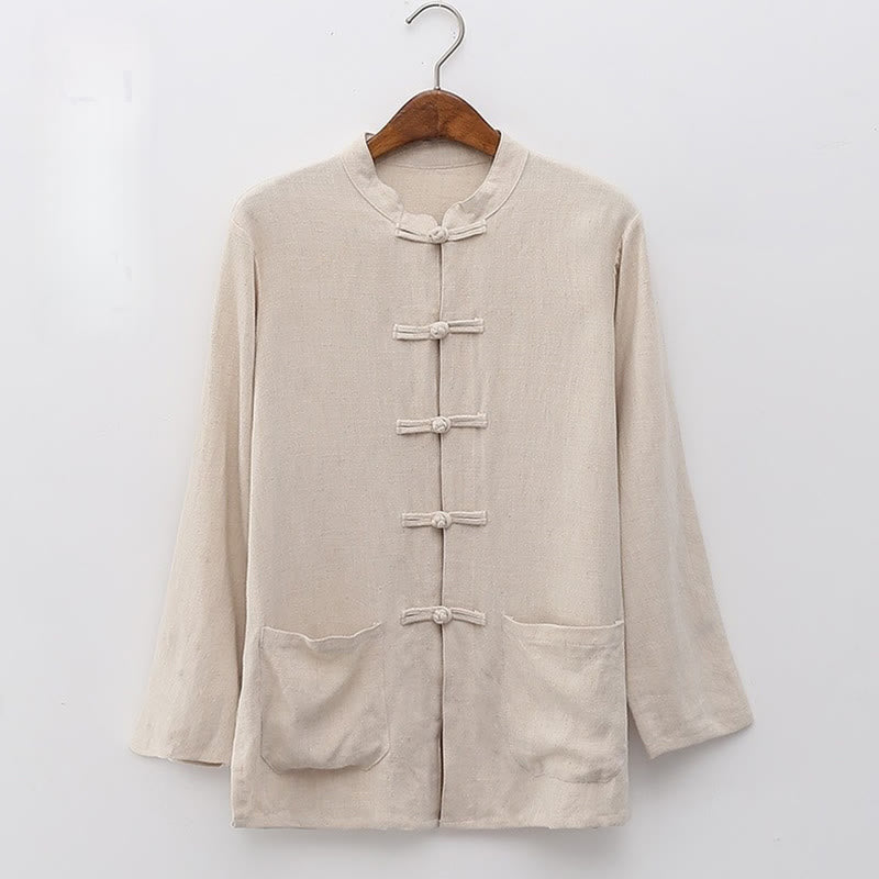 Camicie da donna in cotone e lino a maniche lunghe con bottoni a rana, tinta unita, con tasche, Buddha Stones - OldLace - US8-10, UK/AU12-14, EU40-42 (XL) - image 2