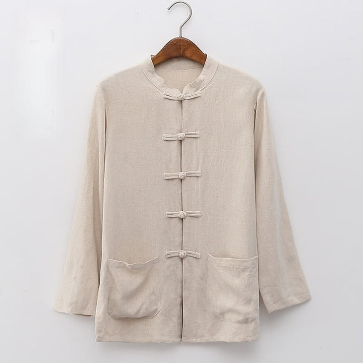 Camicie da donna in cotone e lino a maniche lunghe con bottoni a rana, tinta unita, con tasche, Buddha Stones - OldLace - US8-10, UK/AU12-14, EU40-42 (XL) - image 2