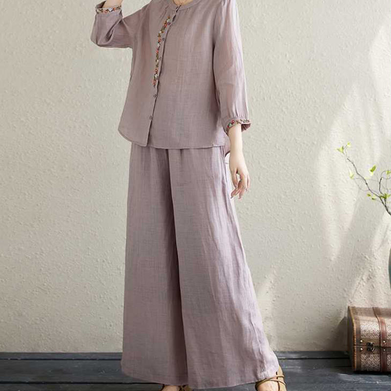 Buddha Stones 2 pezzi cotone ricamo fiori camicia top pantaloni meditazione zen tai chi abbigliamento donna set - image 4