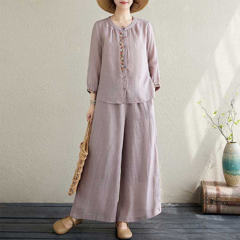 Buddha Stones 2 pezzi cotone ricamo fiori camicia top pantaloni meditazione zen tai chi abbigliamento donna set - Cardo - US6, UK/AU10, EU38 (XL) - image 1