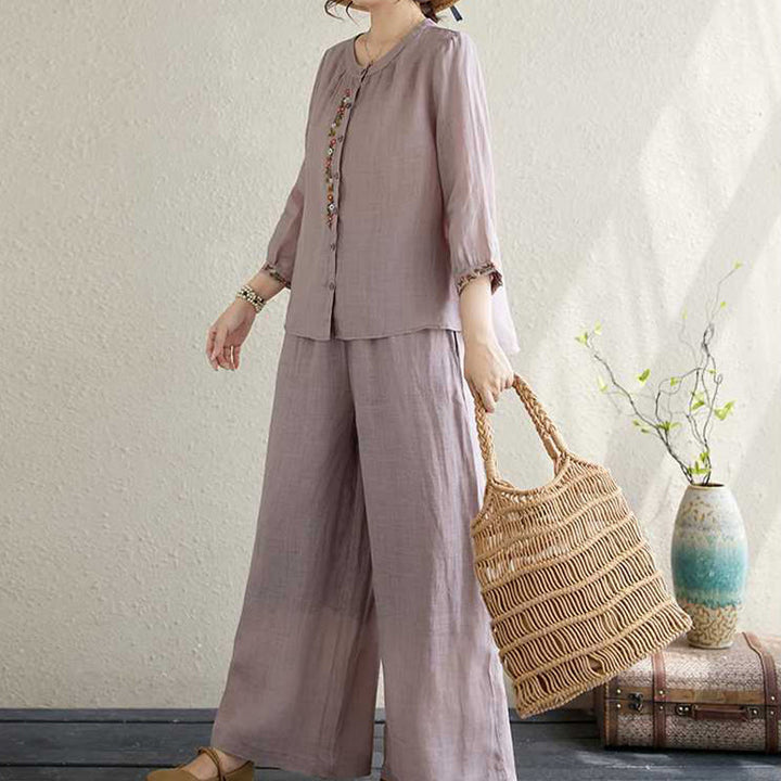 Buddha Stones 2 pezzi cotone ricamo fiori camicia top pantaloni meditazione zen tai chi abbigliamento donna set - image 2