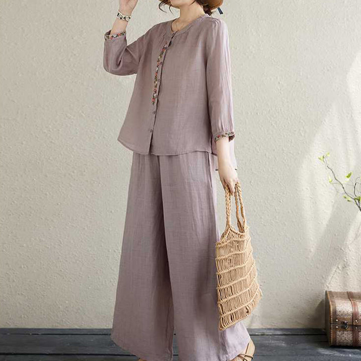 Buddha Stones 2 pezzi cotone ricamo fiori camicia top pantaloni meditazione zen tai chi abbigliamento donna set - image 5