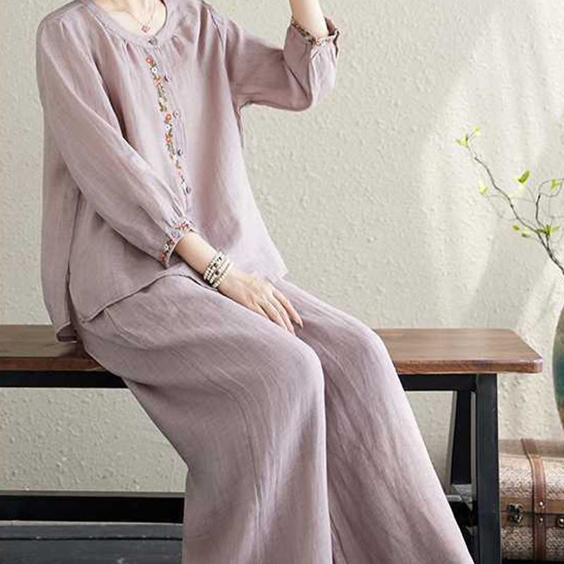 Buddha Stones 2 pezzi cotone ricamo fiori camicia top pantaloni meditazione zen tai chi abbigliamento donna set - image 8