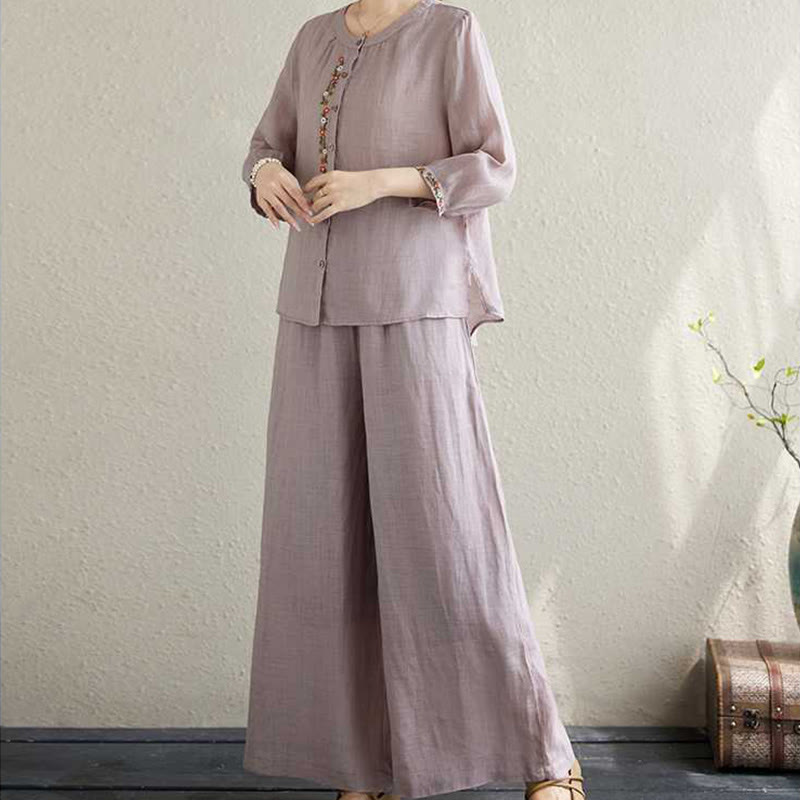 Buddha Stones 2 pezzi cotone ricamo fiori camicia top pantaloni meditazione zen tai chi abbigliamento donna set - image 6