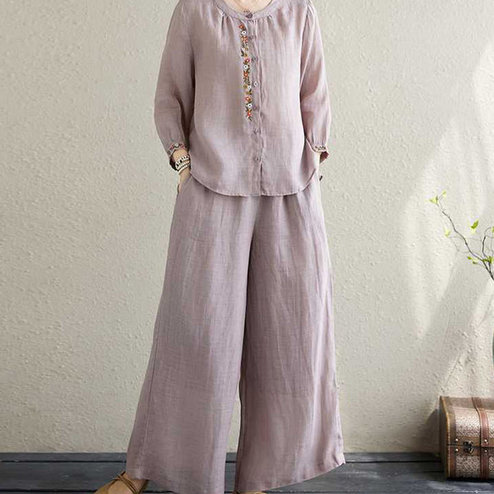 Buddha Stones 2 pezzi cotone ricamo fiori camicia top pantaloni meditazione zen tai chi abbigliamento donna set - image 3