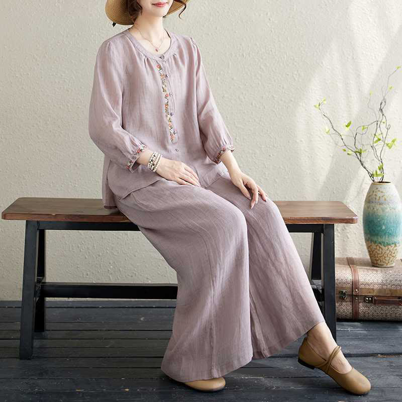 Buddha Stones 2 pezzi cotone ricamo fiori camicia top pantaloni meditazione zen tai chi abbigliamento donna set - image 2