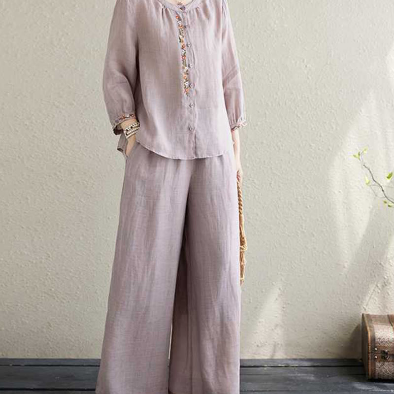 Buddha Stones 2 pezzi cotone ricamo fiori camicia top pantaloni meditazione zen tai chi abbigliamento donna set - image 11
