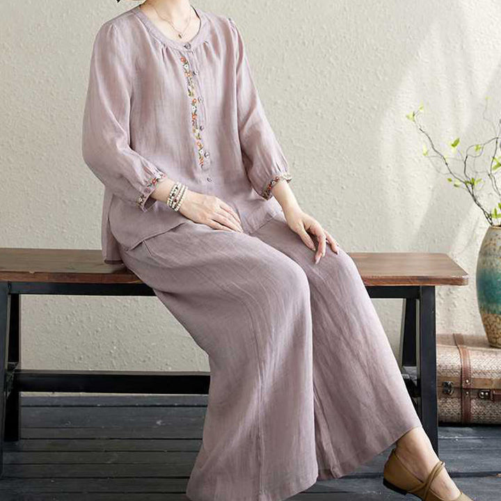 Buddha Stones 2 pezzi cotone ricamo fiori camicia top pantaloni meditazione zen tai chi abbigliamento donna set - image 9
