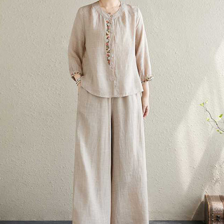 Buddha Stones 2 pezzi cotone ricamo fiori camicia top pantaloni meditazione zen tai chi abbigliamento donna set - image 15