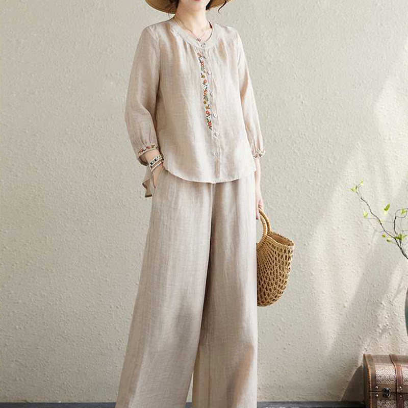 Buddha Stones 2 pezzi cotone ricamo fiori camicia top pantaloni meditazione zen tai chi abbigliamento donna set - image 14