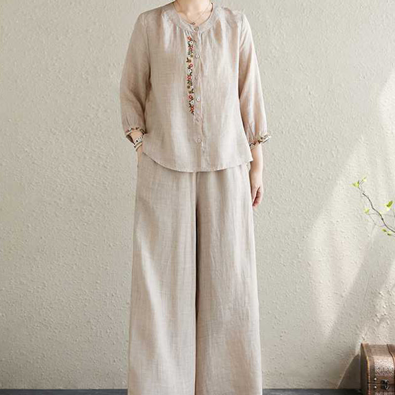 Buddha Stones 2 pezzi cotone ricamo fiori camicia top pantaloni meditazione zen tai chi abbigliamento donna set - image 16