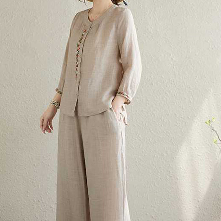 Buddha Stones 2 pezzi cotone ricamo fiori camicia top pantaloni meditazione zen tai chi abbigliamento donna set - image 13