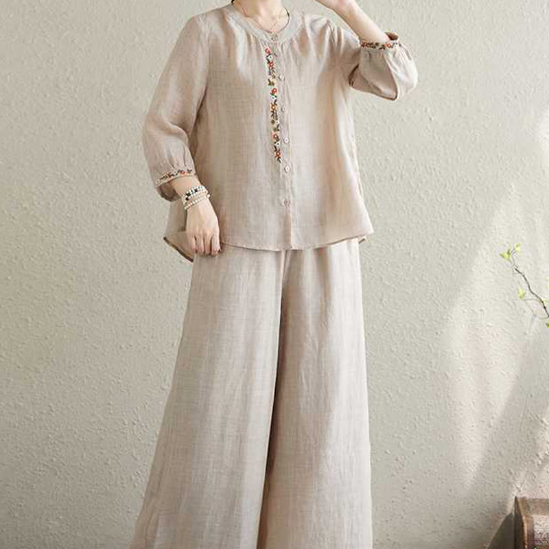 Buddha Stones 2 pezzi cotone ricamo fiori camicia top pantaloni meditazione zen tai chi abbigliamento donna set - image 16