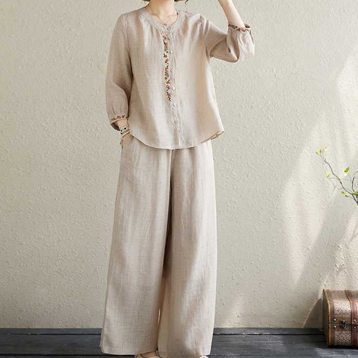 Buddha Stones 2 pezzi cotone ricamo fiori camicia top pantaloni meditazione zen tai chi abbigliamento donna set - Beige - US6, UK/AU10, EU38 (XL) - image 12
