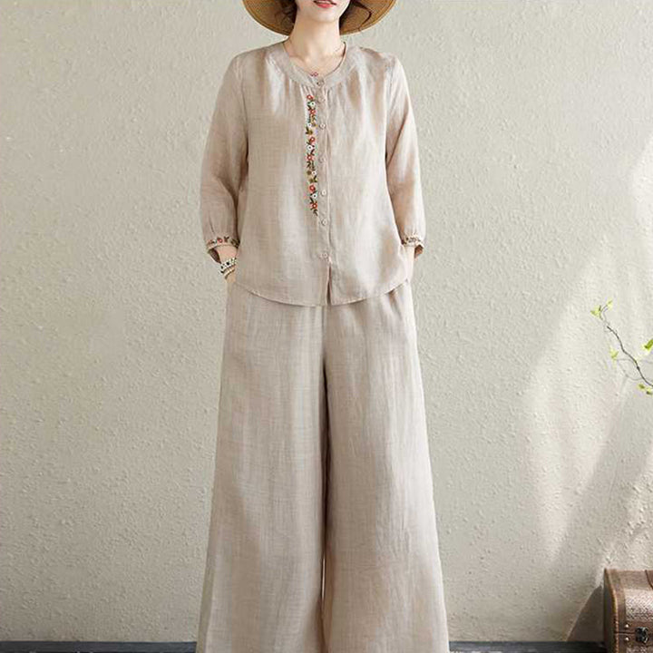 Buddha Stones 2 pezzi cotone ricamo fiori camicia top pantaloni meditazione zen tai chi abbigliamento donna set - image 18