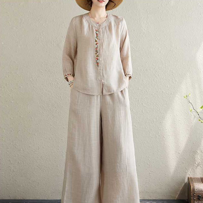 Buddha Stones 2 pezzi cotone ricamo fiori camicia top pantaloni meditazione zen tai chi abbigliamento donna set - image 17