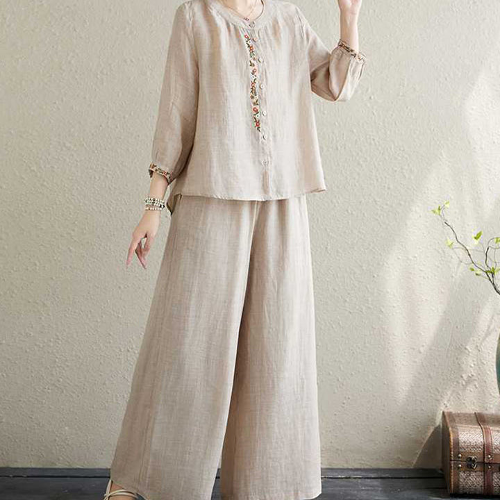 Buddha Stones 2 pezzi cotone ricamo fiori camicia top pantaloni meditazione zen tai chi abbigliamento donna set - image 19