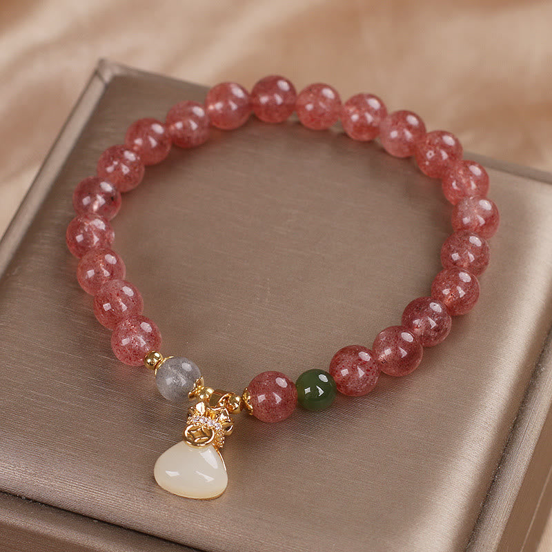 Braccialetto positivo con ciondolo a forma di sacco di soldi in quarzo fragola naturale Buddha Stones