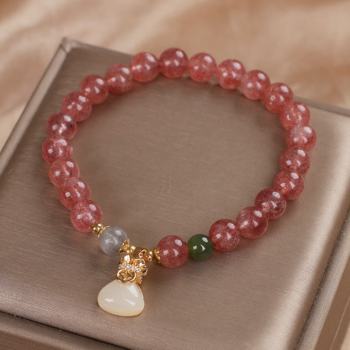 Braccialetto positivo con ciondolo a forma di sacco di soldi in quarzo fragola naturale Buddha Stones