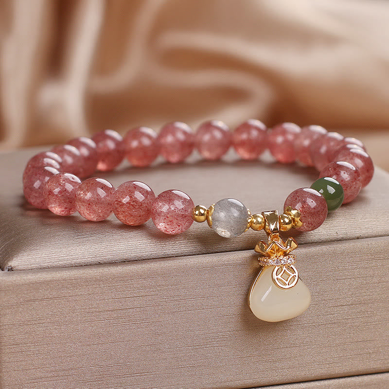 Braccialetto positivo con ciondolo a forma di sacco di soldi in quarzo fragola naturale Buddha Stones
