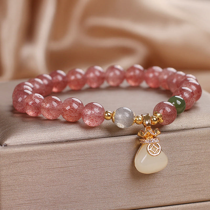 Braccialetto positivo con ciondolo a forma di sacco di soldi in quarzo fragola naturale Buddha Stones
