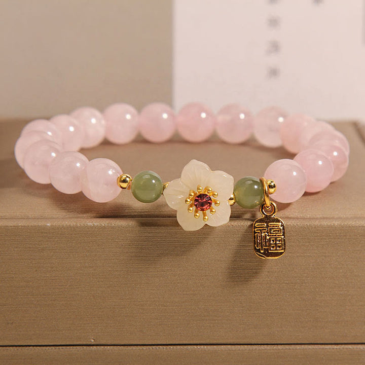 Buddha Stones Quarzo rosa Fiore di pesco Giada Hetian Fu Carattere Relazioni Braccialetto curativo