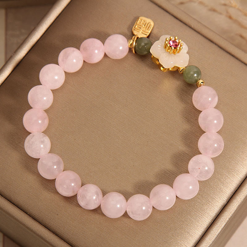 Buddha Stones Quarzo rosa Fiore di pesco Giada Hetian Fu Carattere Relazioni Braccialetto curativo
